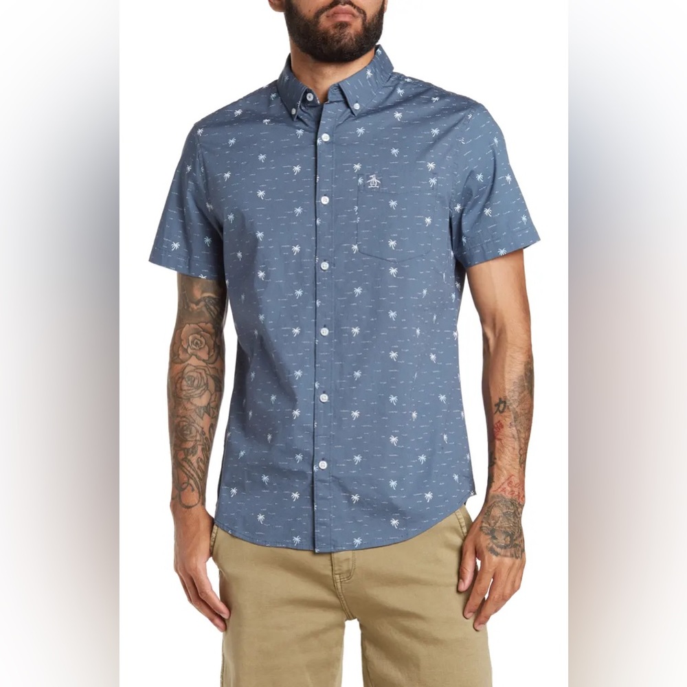 Original Penguin Short Sleeve Button-Up Mini Palm Print Cotton Shirt Medium